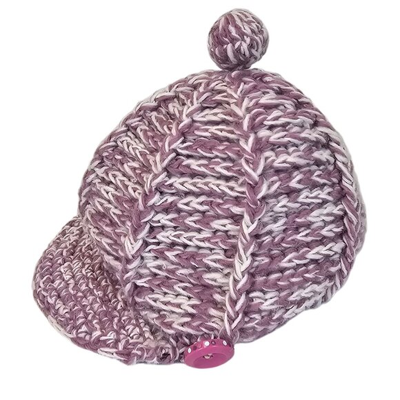 Ladies OS Fall Winter Warm Cozy Cable Knit Wool Riding Cap Purple White Pom Pom - Picture 3 of 16